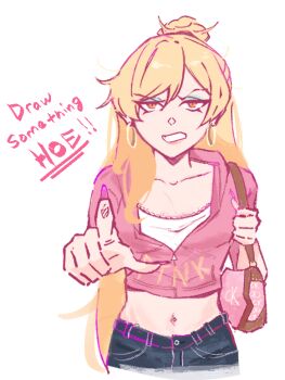 ! !! 1girl bag black_shorts blonde_hair class_of_09 clenched_teeth collarbone commentary earrings english_commentary english_text hair_bun hoop_earrings jacket jecka_(class_of_09) jewelry long_hair looking_at_viewer midriff navel navel_piercing orange_eyes parted_lips piercing pink_bag pink_jacket pointing pointing_at_viewer shirt shorts shoulder_bag solo stxrrstruck talking teeth upper_body white_shirt