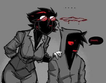 ... 1girl abby_(za1f0n) artist_self-insert black_hair breasts collared_shirt colored_sclera eldritch_abomination english_text extra_eyes eyewear_on_head formal_clothes gloves hand_on_another's_shoulder hood hoodie i_think_we're_gonna_have_to_kill_this_guy_steven_(meme) long_sleeves medium_breasts meme monster_girl original red-tinted_eyewear red_eyes red_sclera shirt simple_background skirt speech_bubble suit sunglasses tinted_eyewear too_many_eyes white_gloves za1f0n