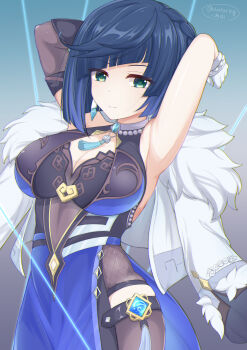 1girl absurdres armpits arms_behind_head artist_name blue_hair blunt_ends bodystocking breasts chataring_mai cleavage closed_mouth commentary cowboy_shot diagonal_bangs fur-trimmed_jacket fur_trim genshin_impact gloves gradient_background green_eyes highres hydro_symbol_(genshin_impact) jacket large_breasts light_smile short_hair sleeveless_bodystocking solo vision_(genshin_impact) white_gloves white_jacket yelan_(genshin_impact)