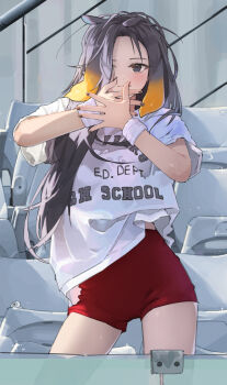 1girl absurdres alternate_costume chocosong closed_mouth clothes_writing commentary_request contrapposto gradient_hair hair_over_one_eye high-waist_shorts highres hololive hololive_english indoors long_hair looking_at_viewer messy_hair multicolored_hair ninomae_ina&#039;nis orange_hair pants purple_hair red_shorts shirt short_shorts shorts smile solo sweatpants t-shirt tentacle_hair virtual_youtuber white_shirt