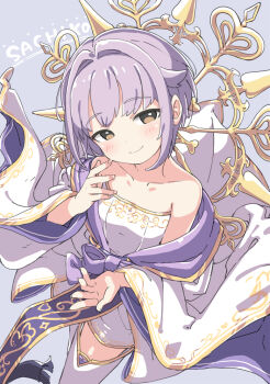 Rule 34 | 1girl, bare shoulders, brown eyes, character name, closed mouth, collarbone, commentary request, dress, flat chest, hair flaps, hair intakes, idolmaster, idolmaster cinderella girls, jacket, koshimizu sachiko, kuresuku (lessons), long sleeves, looking at viewer, purple background, purple hair, short hair, smile, solo, strapless, strapless dress, thighhighs, white dress, white jacket, white thighhighs, wide sleeves
