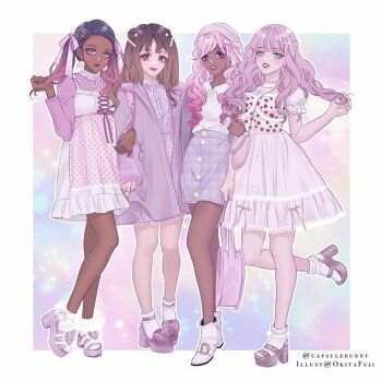 4girls babydoll backpack bag barette black_hair blue_eyes border bow brown_eyes brown_hair coat collared_shirt curly_hair dark-skinned_female dark_skin dress earrings fashion framed hair_bow hair_ribbon holding holding_own_hair jacket jewelry purple_dress purple_skirt light_purple_hair limited_palette locked_arms long_sleeves multicolored_hair multiple_girls okitafuji original pastel_colors pink_hair pink_skirt plaid_clothes plaid_skirt platform_footwear polka_dot polka_dot_dress polka_dot_skirt polo_shirt portrait puffy_sleeves purple_dress purple_eyes purple_hair purple_jacket purple_shirt rainbow_background ribbon see-through_clothes shirt shirt_under_dress skirt socks twintails white_border