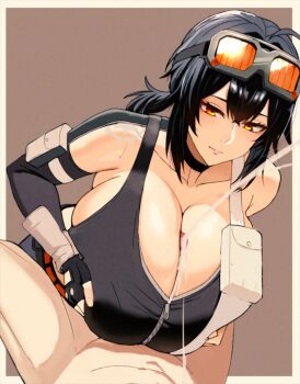 1boy 1girl black_choker black_gloves black_hair black_sports_bra breasts breasts_squeezed_together brown_background choker closed_mouth clothed_female_nude_male commentary cum ejaculation elbow_gloves english_commentary expressionless fingerless_gloves gloves goggles goggles_on_head grabbing_own_breast grace_howard hair_between_eyes hetero highres hitomaru_(neet0maru) huge_breasts long_hair looking_down nude orange_eyes paizuri paizuri_under_clothes penis ponytail pov pov_crotch projectile_cum shoulder_tattoo sidelocks simple_background single_bare_shoulder single_elbow_glove single_glove solo_focus sports_bra tattoo zenless_zone_zero zipper_top