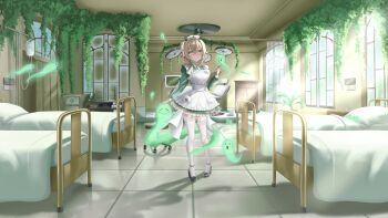 1girl absurdres apron black_shoes blush brown_hair closed_mouth coconut_illust dress green_dress hat highres indie_virtual_youtuber indoors intravenous_drip looking_at_viewer maid maid_apron mary_janes medium_hair nimi_nightmare nimi_nightmare_(1st_costume) nurse_cap shoes solo tail tapir_girl tapir_tail thighhighs virtual_youtuber white_apron white_hat white_thighhighs