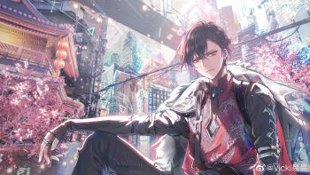 Rule 34 | 1boy, absurdres, architecture, arm on knee, arm support, arm warmers, armlet, artist name, ayn alwyn, ayn alwyn (awakening), belt, black arm warmers, black belt, black coat, black hair, black pants, black shirt, bridge, building, cherry blossoms, chinese commentary, cityscape, closed mouth, coat, coat on shoulders, diamond-shaped earrings, diamond (shape), dragon print, earrings, east asian architecture, expressionless, feet out of frame, flower, fur-trimmed coat, fur trim, gloves, hair behind ear, hair between eyes, highres, jewelry, knee up, lantern, light particles, long sleeves, looking at viewer, lovebrush chronicles, male focus, multiple rings, pants, paper lantern, pink flower, power lines, red coat, red eyes, red vest, ring, science fiction, shirt, short hair, sitting, skyscraper, solo, stud earrings, sun, tree, two-sided coat, two-sided fabric, vest, vicki yiyi, watermark, weibo watermark