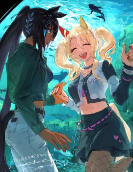 2girls animal_ears aquarium belt black_skirt blonde_hair breasts clothing_cutout commentary_request cowboy_shot crop_top cropped_jacket dark-skinned_female dark_skin denim ear_covers fishnet_pantyhose fishnets fusaichi_pandora_(umamusume) green_jacket highres holding_hands horse_ears horse_girl horse_tail indoors interlocked_fingers jacket jeans jewelry long_hair long_sleeves multicolored_hair multicolored_nails multiple_girls natsunori navel necklace open_mouth pants pantyhose ponytail signature skirt small_breasts smile streaked_hair symboli_kris_s_(umamusume) tail tail_through_clothes translation_request umamusume yuri