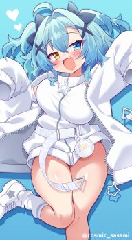 1girl :3 :d ahoge blue_background blue_eyes blue_hair blush commentary double-parted_bangs fang foot_out_of_frame hair_between_eyes hair_intakes hair_ornament heterochromia highres jacket long_hair long_sleeves looking_at_viewer msp_sammy open_clothes open_jacket open_mouth original shoes sleeves_past_fingers sleeves_past_wrists smile sneakers socks solo standing standing_on_one_leg symbol-only_commentary twitter_username two_side_up white_jacket white_shoes white_socks x_hair_ornament yellow_eyes