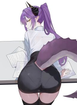 1girl absurdres arm_support ass bent_over black_skirt closed_mouth commentary cowboy_shot desk dragon_girl dragon_horns dragon_tail english_commentary from_behind highres horns long_hair looking_at_viewer looking_back miniskirt nbee_ya pantylines paper pencil_skirt pointy_ears ponytail profile purple_hair sakihane_huya shirt simple_background skirt solo stellive tail turning_head v-shaped_eyebrows virtual_youtuber white_background white_shirt yellow_eyes