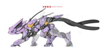 animal_focus artist_name black_sclera blue_eyes colored_sclera commentary english_commentary espeon facebook_logo facebook_username from_side gen_2_pokemon highres instagram_logo instagram_username magic_circle mecha mechanization nintendo no_humans pixiv_logo pixiv_username pokemon pokemon_(creature) robot simple_background sneaking solo twitter_logo twitter_username walking white_background xezeno