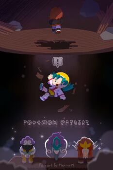 ! 1boy 1girl :o anniversary aqua_eyes artist_name bright_pupils chibi chibi_only closed_eyes closed_mouth commentary_request copyright_name dust entei falling fangs from_behind full_body gen_2_pokemon hat highres hole_in_floor in-universe_location indoors jacket kris_(pokemon) legendary_pokemon long_sleeves merino03 nail_(hardware) nintendo no_sclera open_clothes open_jacket open_mouth pokemon pokemon_gsc raikou red_hair red_shirt red_shoes rock shirt shoes shorts silver_(pokemon) sparkle speech_bubble spoken_exclamation_mark suicune unown unown_a unown_c unown_e unown_k unown_l unown_m unown_n unown_o unown_p unown_r unown_s unown_t unown_y unownglyphics walking white_jacket white_pupils wooden_floor yellow_hat yellow_shorts