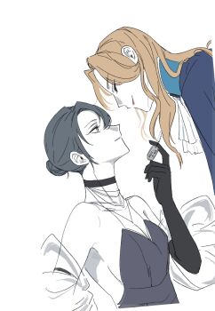 2girls augustus_(path_to_nowhere) black_choker black_dress black_gloves black_hair blue_jacket breasts brown_hair chief_(path_to_nowhere) choker cleavage closed_eyes closed_mouth commentary dog_tags dress elbow_gloves female_chief_(path_to_nowhere) gloves grey_eyes hair_bun hashtag-only_commentary highres jacket looking_at_another multiple_girls na7bun path_to_nowhere sleeveless sleeveless_dress smile yuri