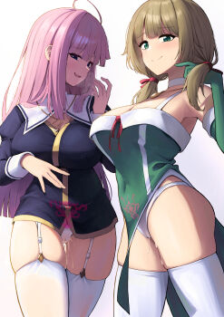 Rule 34 | 2girls, absurdres, ahoge, ambrosia (game), bare shoulders, blue eyes, blunt bangs, blush, breasts, brown hair, cameltoe, choker, cleavage, closed mouth, commentary request, covered navel, dress, elbow gloves, enicia (enicia to keiyaku mon), enicia to keiyaku mon, furode (ambrosia), garter straps, gloves, green eyes, green gloves, highres, karadborg, lactation, lactation through clothes, large breasts, long hair, long sleeves, looking at viewer, low twintails, multiple girls, open mouth, panties, pink hair, pubic tattoo, pubic tattoo visible through clothes, pussy juice, pussy juice trail, red ribbon, ribbon, short twintails, simple background, skindentation, smile, standing, tattoo, thighhighs, thighs, twintails, underwear, white background, white choker, white panties, white thighhighs