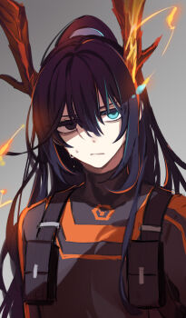 1boy annoyed antlers black_bodysuit black_hair bodysuit commentary_request grey_background high_ponytail highres hong_lu_(project_moon) horns limbus_company long_hair long_sleeves looking_at_viewer ponytail pouch project_moon r_corp._(identity)_(project_moon) reindeer_antlers shiki_(shikki46) sidelocks simple_background solo sweat upper_body very_long_hair