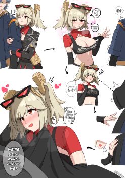 1boy 1girl absurdres arrow_(symbol) artist_name assertive_female blush breasts bulge burnice_white cleavage commentary crop_top dotted_line english_commentary english_text erection erection_under_clothes eyewear_on_head heart hetero highres kulojawa large_breasts looking_at_bulge pulling_own_clothes speech_bubble spoken_symbol thought_bubble wise_(zenless_zone_zero) zenless_zone_zero