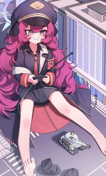 1girl absurdres armband barefoot black_coat black_hat black_shirt black_socks blue_archive chinese_commentary coat commentary_request controller doodle_sensei_(blue_archive) fluffy_hair giant giantess grey_eyes grin hair_between_eyes halo hat highres holding holding_controller iroha_(blue_archive) long_hair military_hat military_vehicle motor_vehicle necktie peaked_cap purple_halo radio_controller red_armband red_hair red_necktie road safety_pin sensei_(blue_archive) shirt sitting smile socks solo_focus street tank tiger_i unworn_socks xiamu_chiyu