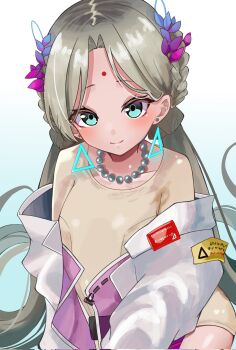 bindi blonde_hair breasts coat e69465 earrings from_above green_eyes heaven_burns_red highres indian jewelry long_hair small_breasts triangle_earrings twintails vritika_balakrishnan white_coat