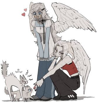 2girls adidas angel_wings animalization blue_eyes blush cat dress emily_(hazbin_hotel) hazbin_hotel heart hellaverse highres long_hair long_sleeves lute_(hazbin_hotel) multiple_girls pants person_and_animalization tppiiiiqqt white_dress white_hair wings yellow_eyes