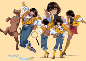 1girl animal_collar animification arm_up backpack bag baseball_cap breasts brown_hair collar commentary dark-skinned_female dark_skin denim dog edoya_inuhachi english_commentary full_body glasses great_dane halterneck hand_on_own_hip hat highres jacket jeans jumping knee_up magnifying_glass medium_breasts midriff multiple_views off_shoulder one_eye_closed orange_thighhighs pants partially_unzipped scooby-doo scooby-doo_(character) shirt shoes short_hair simple_background skirt sleeveless sleeveless_shirt smile sneakers suspenders thighhighs thumbs_up velma_dinkley