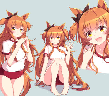 1girl :d \n/ absurdres animal_ears barefoot black_bow bow breasts buruma closed_mouth commentary_request ear_bow grey_background highres horse_ears horse_girl horse_tail kanzakietc long_hair looking_at_viewer mayano_top_gun_(umamusume) medium_breasts multiple_views open_mouth orange_eyes orange_hair red_buruma shirt short_sleeves sidelocks sitting smile tail tracen_training_uniform two_side_up umamusume very_long_hair w white_shirt