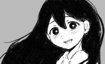 1girl blush bright_pupils close-up double-parted_bangs greyscale hair_between_eyes highres long_hair looking_at_viewer mari_(faraway)_(omori) mari_(omori) monochrome nosan572 omori open_mouth simple_background smile solo teeth upper_body upper_teeth_only