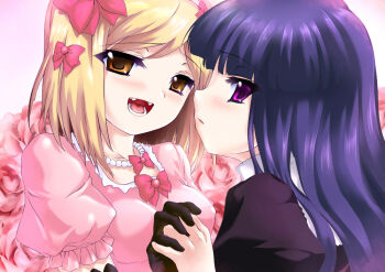 00s 2girls blonde_hair blue_hair bow fangs flower frederica_bernkastel gloves hair_bow holding_hands jewelry lambdadelta long_hair multiple_girls necklace nimu open_mouth orange_eyes purple_eyes rose short_hair umineko_no_naku_koro_ni yellow_eyes yuri