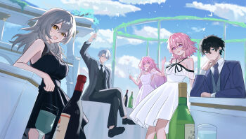 2boys 3girls absurdres black_dress black_hair black_necktie black_pants blue_coat blue_sky breasts cloud coat commentary crossed_legs cup cyrene_(demiurge)_(honkai:_star_rail) cyrene_(honkai:_star_rail) dan_heng_(honkai:_star_rail) dress drinking_glass english_commentary formal_clothes green_eyes grey_coat grey_hair highres honkai:_star_rail honkai_(series) horik_22 large_breasts long_hair looking_at_viewer march_7th_(honkai:_star_rail) medium_hair multiple_boys multiple_girls necktie pants phainon_(honkai:_star_rail) pink_hair short_hair sitting sky smile stelle_(honkai:_star_rail) suit trailblazer_(honkai:_star_rail) very_long_hair white_dress white_hair wine_glass yellow_eyes