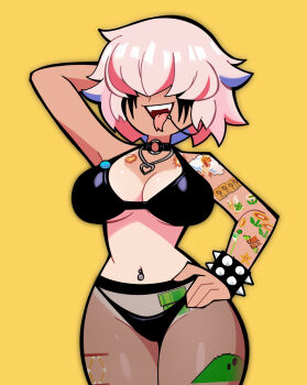 1girl arm_tattoo bikini black_bikini bracelet breasts cleavage fang fefe_(vtuber) flower_tattoo forked_tongue hair_over_eyes heart heart_pendant highres indie_virtual_youtuber jewelry large_breasts leg_tattoo makeup mario_(series) medium_hair midriff multicolored_hair multiple_tattoos navel navel_piercing nintendo open_mouth piercing pink_hair runny_makeup scott_falco smile solo spiked_bracelet spikes streaked_hair super_mario_bros._1 swimsuit tan tanline tattoo tattoo_sleeve tongue tongue_chain tongue_out tongue_piercing virtual_youtuber yellow_background