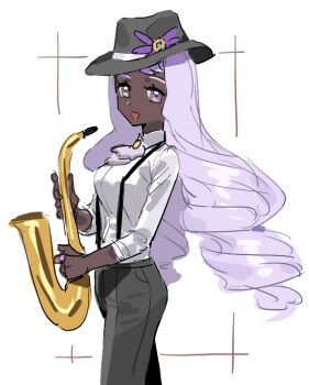 1girl alternate_costume ascot black_hat black_pants collared_shirt cowboy_shot dark-skinned_female dark_skin fedora frilled_ascot frills hat hat_ornament holding holding_instrument holding_saxophone instrument jacinthe_(pokemon) jazz jewelry long_hair long_sleeves looking_at_viewer low_drills nintendo open_mouth pants pokemon pokemon_legends:_z-a pun purple_eyes purple_hair raine_(acke2445) ring saxophone shirt smile solo sparkle suspenders very_dark_skin white_shirt