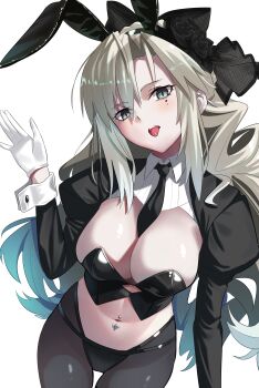 Rule 34 | 1girl, absurdres, blush, breasts, cleavage, fate/grand order, fate (series), grey eyes, grey hair, highres, kriemhild (fate), large breasts, long hair, long sleeves, longdq3008, looking at viewer, navel, open mouth, solo, tongue, tongue out