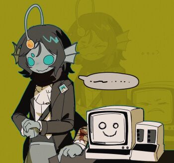 Rule 34 | 1boy, anglerfish boy, ascot, bandaged arm, bandages, black hair, black jacket, blood, bloody bandages, blue eyes, blue skin, chinese commentary, colored skin, commentary request, computer, crt, different zoom layer, extra arms, extra eyes, fangs, fins, fish boy, green background, head fins, highres, illicium, jacket, kuame 03, looking at viewer, male focus, monitor, monster boy, own hands together, painter (pressure), pressure (roblox), sebastian solace, short hair, skin fangs, upper body, white ascot