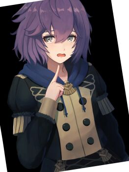 1girl bernadetta_von_varley black_background commentary_request epaulettes fire_emblem fire_emblem:_three_houses garreg_mach_monastery_uniform grey_eyes hair_between_eyes highres hood hood_down index_finger_raised labebebe_lee long_sleeves nintendo open_mouth purple_hair short_hair simple_background solo two-tone_background upper_body white_background