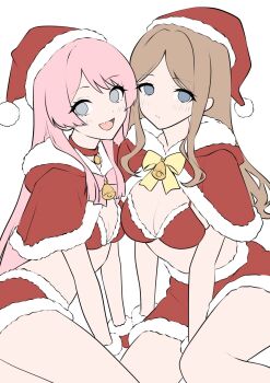 2girls bang_dream! bang_dream!_it's_mygo!!!!! bikini blue_eyes blush breasts capelet chihaya_anon choker cleavage commentary fang hat highres houji_tea_latte long_hair medium_breasts multiple_girls nagasaki_soyo open_mouth pink_hair red_bikini red_capelet red_choker red_hat santa_hat sidelocks skin_fang swimsuit unfinished