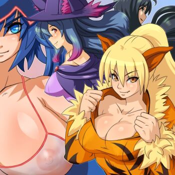 Rule 34 | 4girls, arcanine, blush, breasts, cleavage, cosplay, fushisha o, gen 1 pokemon, gen 3 pokemon, gen 4 pokemon, huge breasts, kyogre, legendary pokemon, mismagius, multiple girls, nintendo, personification, pokemon, see-through clothes, smile