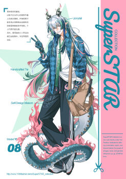 Rule 34 | 1boy, absurdres, arknights, bag, bangle, black pants, blue hair, blue hands, blue shirt, bracelet, brown bag, buttons, character name, checkered clothes, checkered shirt, chinese commentary, chinese text, collarbone, collared shirt, colored extremities, commentary, commentary request, dragon boy, dragon horns, dragon tail, drawstring, earrings, eastern dragon horns, eastern dragon tail, english commentary, english text, eyeliner, fan mu zhang, green eyes, green hair, green horns, green necktie, grey hair, grin, hair between eyes, hand up, highres, horns, jewelry, long hair, long sleeves, looking at viewer, loose necktie, makeup, male focus, mixed-language commentary, multicolored eyes, multicolored hair, multicolored horns, necktie, open clothes, open shirt, pants, paper, parted lips, pink eyes, pink hair, pointy ears, ponytail, print pants, ruler, satchel, shirt, shirt partially tucked in, shoes, shoulder bag, sidelocks, sleeves rolled up, smile, solo, standing, star (symbol), tail, tassel, translation request, two-tone eyes, v, very long hair, watermark, web address, white shirt, white shoes, wing collar, yi (arknights)