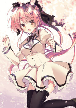 1girl :d antenna_hair black_bow black_bowtie black_thighhighs blurry blush bow bowtie breasts buttons cherry_blossoms commentary cowboy_shot day depth_of_field eyes_visible_through_hair floating_clothes floating_hair frilled_skirt frilled_sleeves frills hair_between_eyes hair_bow happy highres huge_bow jacket juliet_sleeves large_breasts long_hair long_sleeves looking_at_viewer open_mouth orange_eyes outdoors pink_hair ponytail puffy_sleeves school_uniform skirt smile solo spring_(season) takepoison teeth thighhighs tsuki_ni_yorisou_otome_no_sahou upper_teeth_only very_long_hair white_jacket white_skirt wide_sleeves yanagase_minato