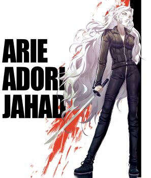 Rule 34 | 1girl, adori zahard, black jacket, black pants, black shoes, blood, character name, closed mouth, collared jacket, commentary, commission, english commentary, eyelashes, full body, highres, holding, holding sword, holding weapon, jacket, kapxapius, kill bill, long hair, long sleeves, pale skin, pants, poster parody, second-party source, shoes, simple background, solo, standing, sword, tower of god, very long hair, weapon, white background, white eyes, white hair