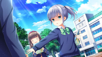 Rule 34 | 1boy, 2girls, :o, arm out, blazer, blue eyes, blue jacket, blue sweater, bow, breasts, day, girlfriend (kari), green skirt, grey hair, jacket, medium hair, multiple girls, official art, open mouth, outdoors, plaid clothes, plaid skirt, pleated skirt, ponytail, qp:flapper, school, school uniform, shirt, shoes, skirt, small breasts, socks, standing, surprised, sweater, tagme, thighhighs, tree, tsukiguma rinko, white shirt, window