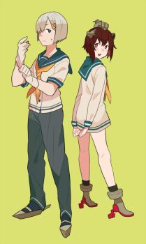 Rule 34 | 1boy, 1girl, adjusting clothes, adjusting gloves, arms behind back, black pants, blue eyes, brown eyes, brown hair, closed mouth, commentary, dress, emu (eomou), genderswap, genderswap (ftm), gloves, green background, grey hair, hair ornament, hair over one eye, hairclip, hamakaze (kancolle), headgear, kantai collection, looking at viewer, neckerchief, open mouth, orange neckerchief, pants, rudder footwear, sailor collar, sailor dress, school uniform, short dress, short hair, short sleeves, simple background, standing, white gloves, yukikaze (kancolle)