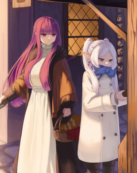 Rule 34 | 2girls, absurdres, baguette, basket, black coat, blue scarf, blunt bangs, bread, brown capelet, buttons, capelet, check commentary, coat, collar, commentary request, double-breasted, dress, earrings, elf, empire waist, feet out of frame, fern (sousou no frieren), food, frieren, frilled collar, frills, green eyes, half updo, highres, holding, holding basket, hood, hooded coat, jewelry, long coat, long dress, long hair, long pointy ears, long sidelocks, long sleeves, looking at another, multiple girls, muwon, parted bangs, pointy ears, pout, purple eyes, purple hair, scarf, sidelocks, sousou no frieren, straight hair, teardrop earrings, thick eyebrows, twilight, twintails, very long sidelocks, white coat, white dress, white hair