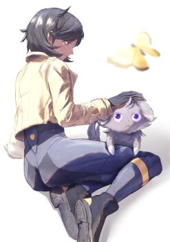 1girl absurdres aged_up ass black_bodysuit black_gloves black_hair black_shoes bodysuit bodysuit_under_clothes brown_jacket bug butterfly cat closed_mouth commentary cowlick dark-skinned_female dark_skin emma_(pokemon) espurr frown full_body gen_6_pokemon gloves headpat highres insect jacket latex latex_bodysuit long_sleeves looking_at_another nintendo orange_gloves pokemon pokemon_(creature) pokemon_legends:_z-a purple_eyes rurara987 shadow shoes short_hair sidelocks simple_background sitting swept_bangs two-tone_gloves white_background yokozuwari
