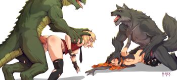 2boys 2girls animal_ears anus arm_up artist_name black_gloves black_jacket black_thighhighs blonde_hair blue_eyes breasts brown_gloves closed_eyes clothing_cutout colored_skin commentary commission cropped_jacket d-rex elbow_gloves english_commentary fangs feet_out_of_frame fingerless_gloves furry furry_male furry_with_non-furry glove_cutout gloves gradient_background green_skin grey_background grey_fur hetero highres interspecies jacket large_penis leg_up lizardman long_hair lying multiple_boys multiple_girls navel nipples on_side open_clothes open_jacket orange_hair original penis pushing_down pussy rape red_jacket sex sex_from_behind shadow short_hair size_difference sleeveless sleeveless_jacket small_breasts tail thighhighs tongue tongue_out torn_clothes torn_thighhighs uncensored vaginal werewolf white_background wolf_boy wolf_ears wolf_tail