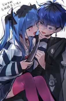 1boy 1girl :d amemiya_darumi black_bow black_hair black_haori blue_hair bow chinese_commentary choker commentary_request earrings eye_print eyepatch face_piercing facial_mark fishicon grey_eyes hair_bow hand_on_another&#039;s_neck haori heart heart_facial_mark highres holding holding_knife japanese_clothes jewelry knife long_hair looking_at_another makeup multicolored_hair omokage_yugamu open_mouth piercing pink_eyes pink_thighhighs print_eyepatch red_choker shirt short_hair smile striped_clothes striped_shirt the_hundred_line_-last_defense_academy- thighhighs twintails white_background