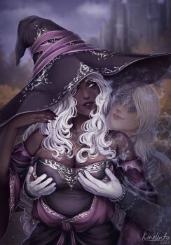 2girls artist_name bare_shoulders black_dress blindfold_mask blue_surcoat breasts cleavage colored_eyelashes commentary dark-skinned_female dark_skin dress duchess_(elden_ring) elden_ring elden_ring_nightreign english_commentary gloves grabbing_another's_breast grabbing_from_behind groping hat highres kirelinta large_breasts large_hat lips long_hair mask multiple_girls nose parted_lips purple_sleeves recluse_(elden_ring) white_eyelashes white_gloves white_hair witch_hat yuri