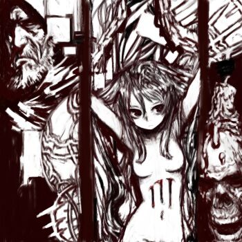1boy 1girl arms_up beard bleeding blood breasts candle closed_mouth commentary_request expressionless facial_hair hair_flowing_over hood hood_up injury long_hair looking_at_viewer medium_breasts monochrome mustache navel no_nipples nude old old_man original out-of-frame_censoring pon_(tab_rasa) projected_inset skull upper_body wrinkled_skin