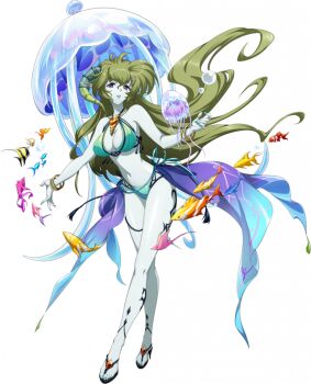 1girl air_bubble bare_arms bare_shoulders bikini blue_bikini blue_nails blue_skin body_markings bracelet breasts bubble cleavage colored_skin crossed_legs demon_girl demon_horns fish floating_clothes floating_hair full_body game_cg gem gold_bracelet green_eyes green_hair hair_between_eyes heart_pendant high_heel_sandals horns jellyfish jewelry langrisser langrisser_iv langrisser_mobile large_breasts legs listill_(langrisser) long_hair looking_at_viewer multicolored_sarong nail_polish navel necklace necklace_between_breasts official_art open_mouth outstretched_arms pale_skin pointy_ears purple_eyes red_gemstone sandals sarong single_horn smile solo standing stomach striped_bikini striped_clothes swimsuit tachi-e thighlet third-party_source transparent_background vertical-striped_bikini vertical-striped_clothes very_long_hair
