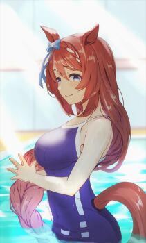 1girl animal_ears artist_request bad_link blue_eyes blue_one-piece_swimsuit blush breasts brown_hair brown_tail horse_ears horse_girl large_breasts light_smile long_hair one-piece_swimsuit pool solo super_creek_(umamusume) swimsuit umamusume water