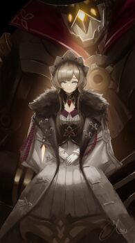 1girl anri_(anriplu) blue_eyes brown_hair dark_background fastener fatui_coat fur_collar genshin_impact gloves hands_on_lap highres jewelry long_coat looking_at_viewer machine purple_ribbon ribbon ruin_guard_(genshin_impact) sandrone_(genshin_impact) sitting smile spotlight white_gloves