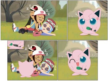 3girls andrea_davenport anger_vein angry closed_eyes closed_mouth commentary cosplay crossover drawing_on_another's_face english_text freckles gen_1_pokemon highres hilda_(pokemon) hilda_(pokemon)_(cosplay) holding holding_marker jigglypuff jmdx64 leaf_(pokemon) leaf_(pokemon)_(cosplay) libby_stein-torres marker molly_mcgee multiple_girls nintendo one_eye_closed open_mouth pokemon pokemon_(creature) serena_(pokemon) serena_(pokemon)_(cosplay) sleeping smile the_ghost_and_molly_mcgee toon_(style)