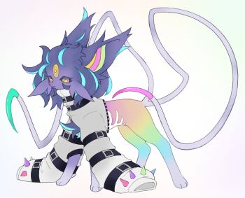 animal_focus animal_hands belt closed_mouth clothed_pokemon colored_sclera espeon fluffy full_body fusion gen_2_pokemon gen_6_pokemon highres looking_at_viewer malamar mane mega_malamar multiple_belts nintendo no_humans pink_sclera pokemon pokemon_(creature) pokemon_focus purple_fur rainbow_gradient seripu shirt simple_background solo standing tentacles white_background white_shirt yellow_eyes