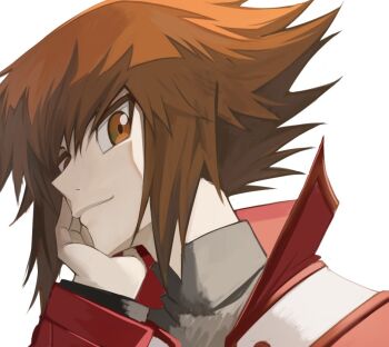 1boy black_shirt brown_eyes brown_hair collared_jacket collared_shirt duel_academy_uniform_(yu-gi-oh!_gx) hand_on_own_face jacket male_focus red_jacket rourou_ill shirt smile spiked_hair yu-gi-oh! yu-gi-oh!_gx yuki_judai